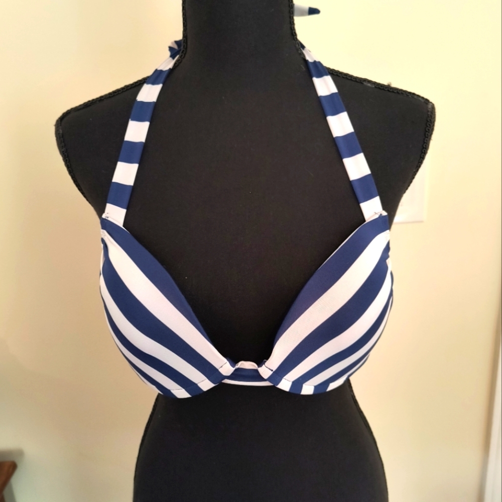 💎Massimo Navy and White Nautical Striped Retro Push-Up Bikini Top in Size L